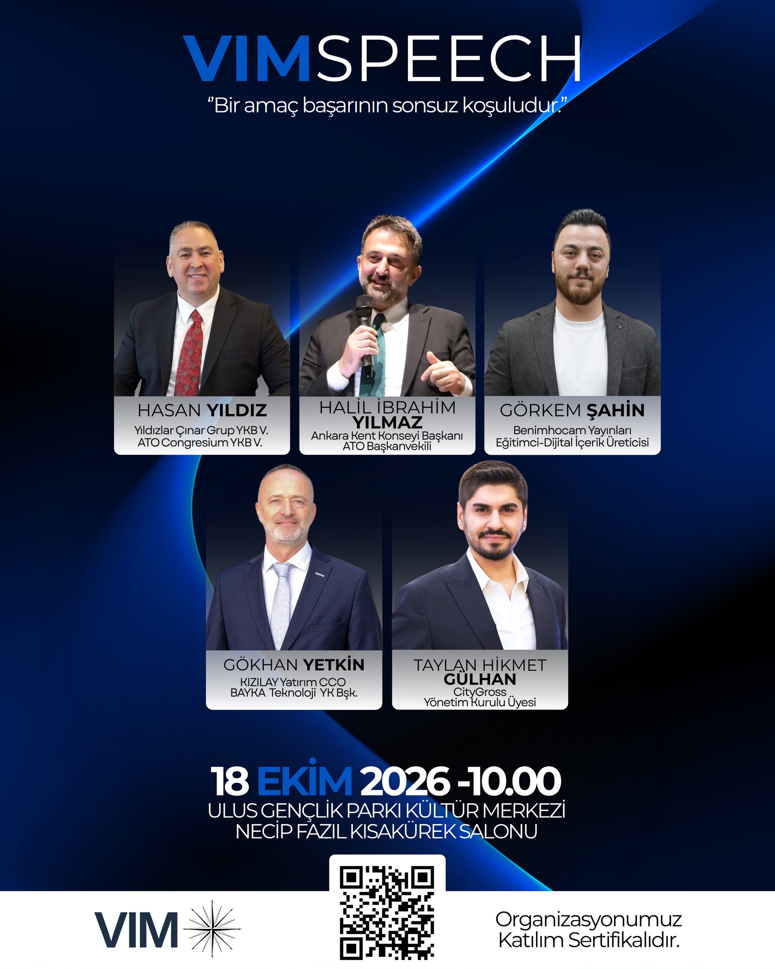 18 Ekim VIM SPEECH afişi: Hasan Yıldız, Halil İbrahim Yılmaz, Görkem Şahin, Taylan Hikmet Gülhan ve Gökhan Yetkin